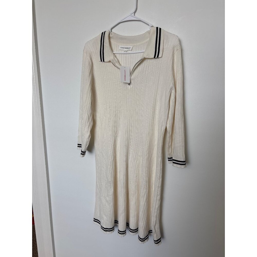 Lucky Brand White Ribbed Knit Polo Dress With Black Trim, new with tags, XL